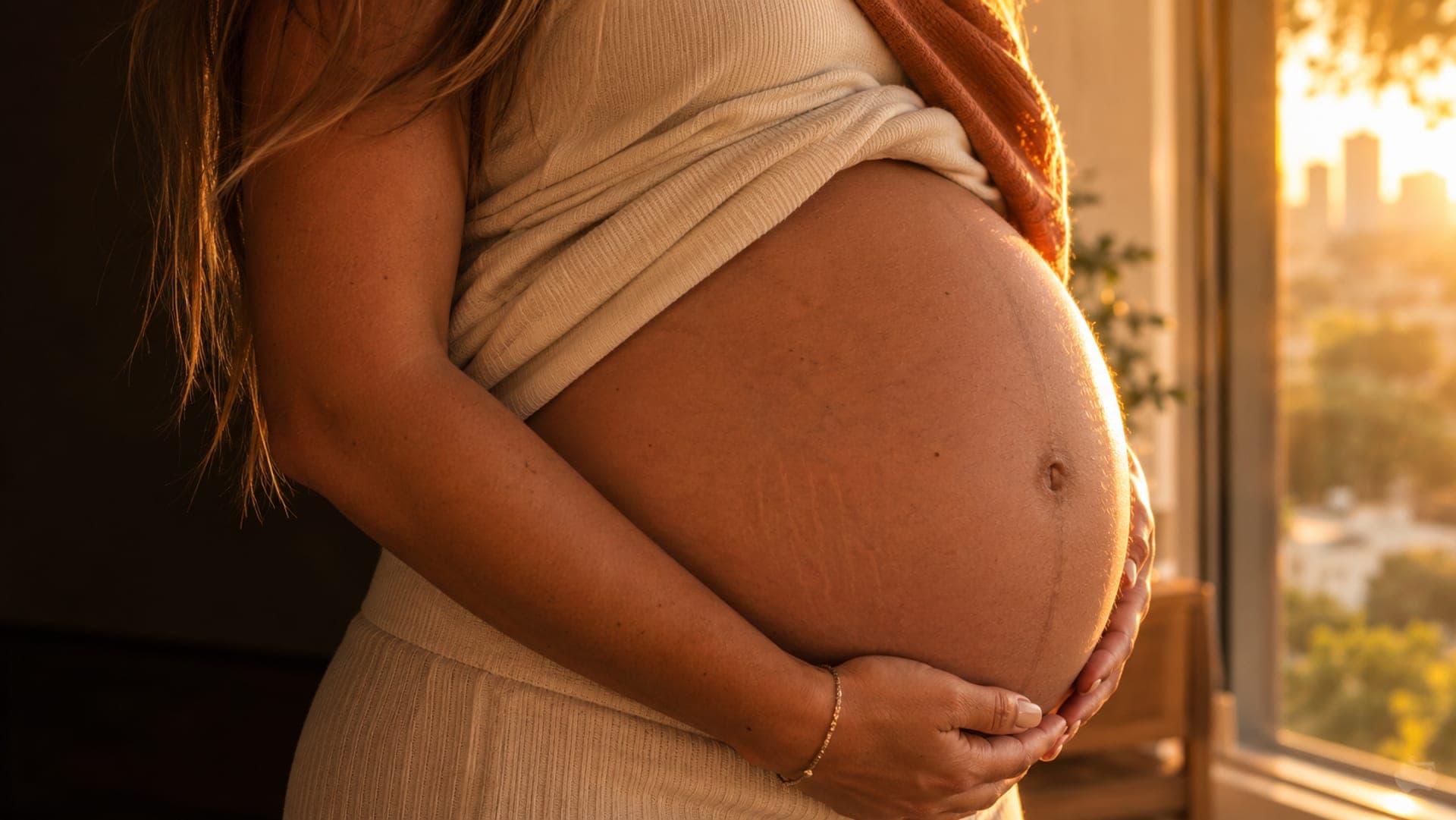 Gestante na reta final, em luz suave, com as mãos na barriga